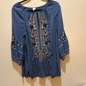 JJill Petite Embroidered Blue Tunic Top Shirt Women's Size L
